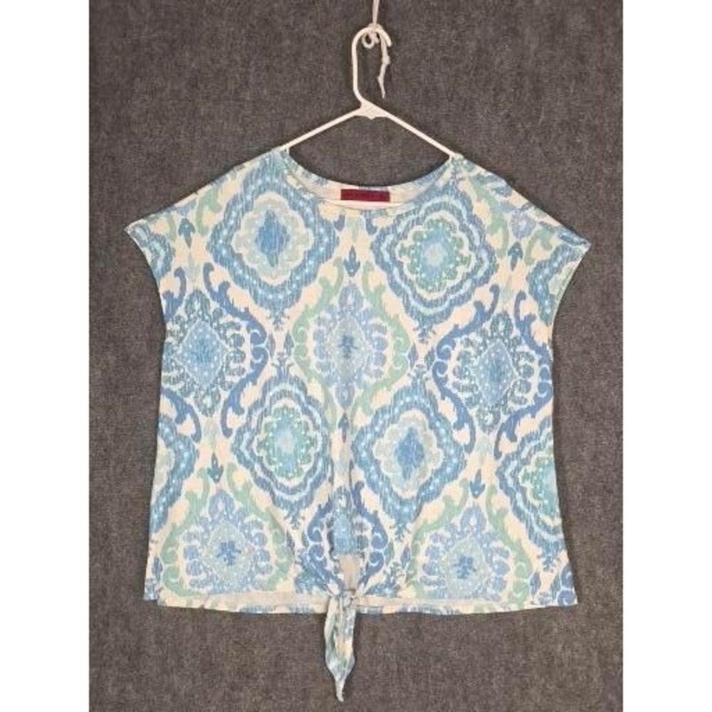 Love Scarlett Shirt Womens 1X Blue Green Ikat Damask Tie Front Linen Blend Top